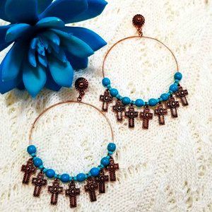 Earrings. Wire Hoops. Copper Crosses & Turquoise Beads. Pierced. NWT